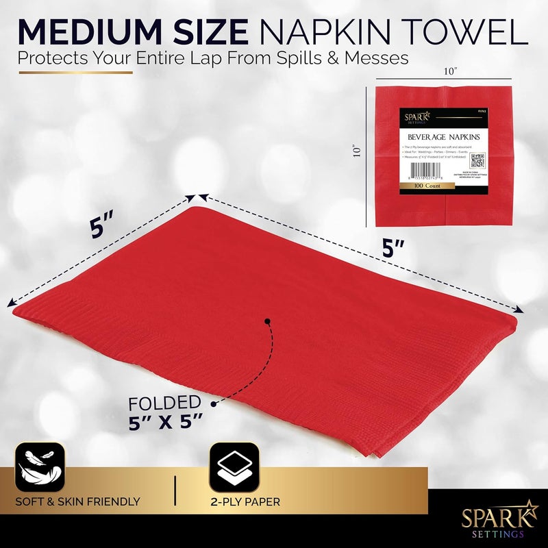 Amcrate 100 Pack Red Beverage Napkins, Big Party Pack, 2 Ply, Ideal for Wedding, Party, Birthday, Dinner, Lunch, Cocktails. (5” x 5”) by - Image 3